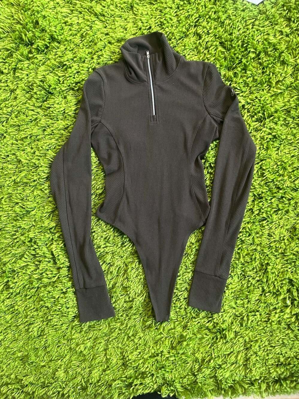 Alo Yoga Ribbed Long Sleeve Quarter-Zip Bodysuit Size S Dark Olive